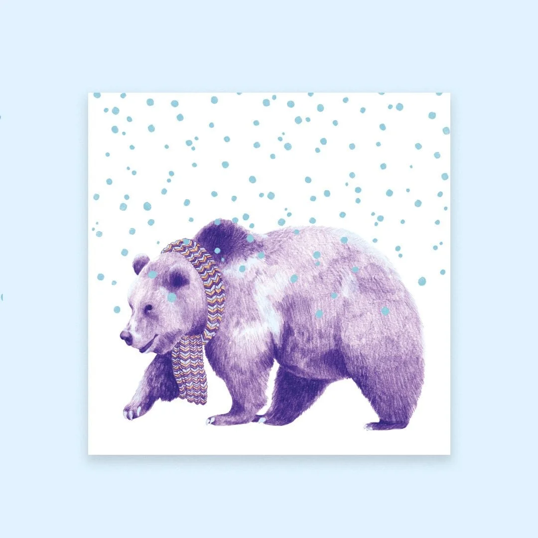 Christmas festive bear christmas card. Illustrated bear christmas card. Holiday bear card