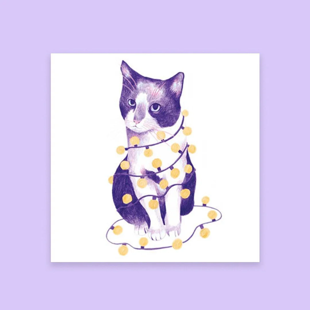 Christmas festive cat christmas card. Illustrated cat christmas card. Holiday cat card. Share some love this christmas.