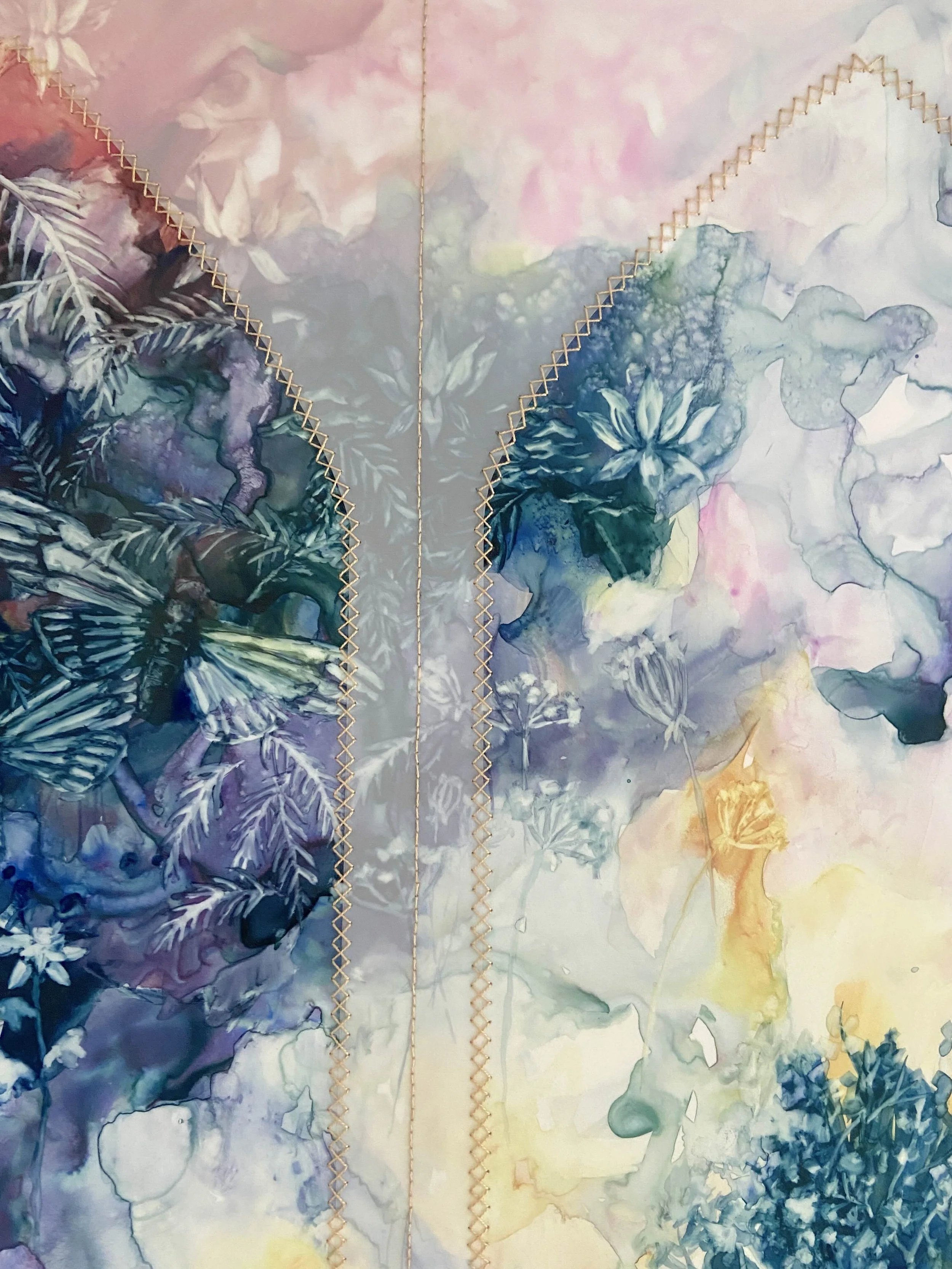 Revelry (detail image), 2025, Gouache and thread on paper, 25" x 40" 