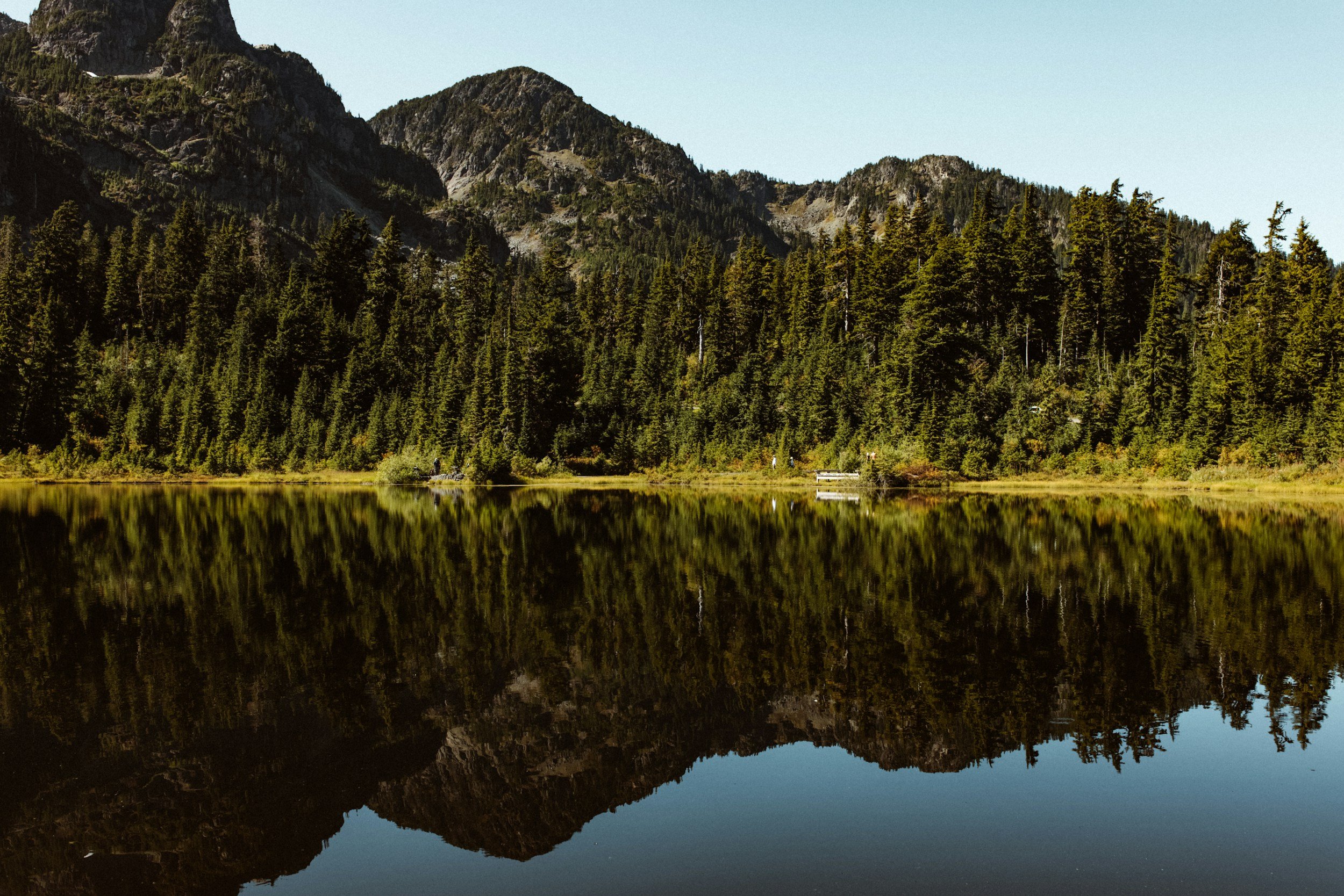 Mountain range and tree line reflected in alpine lake.