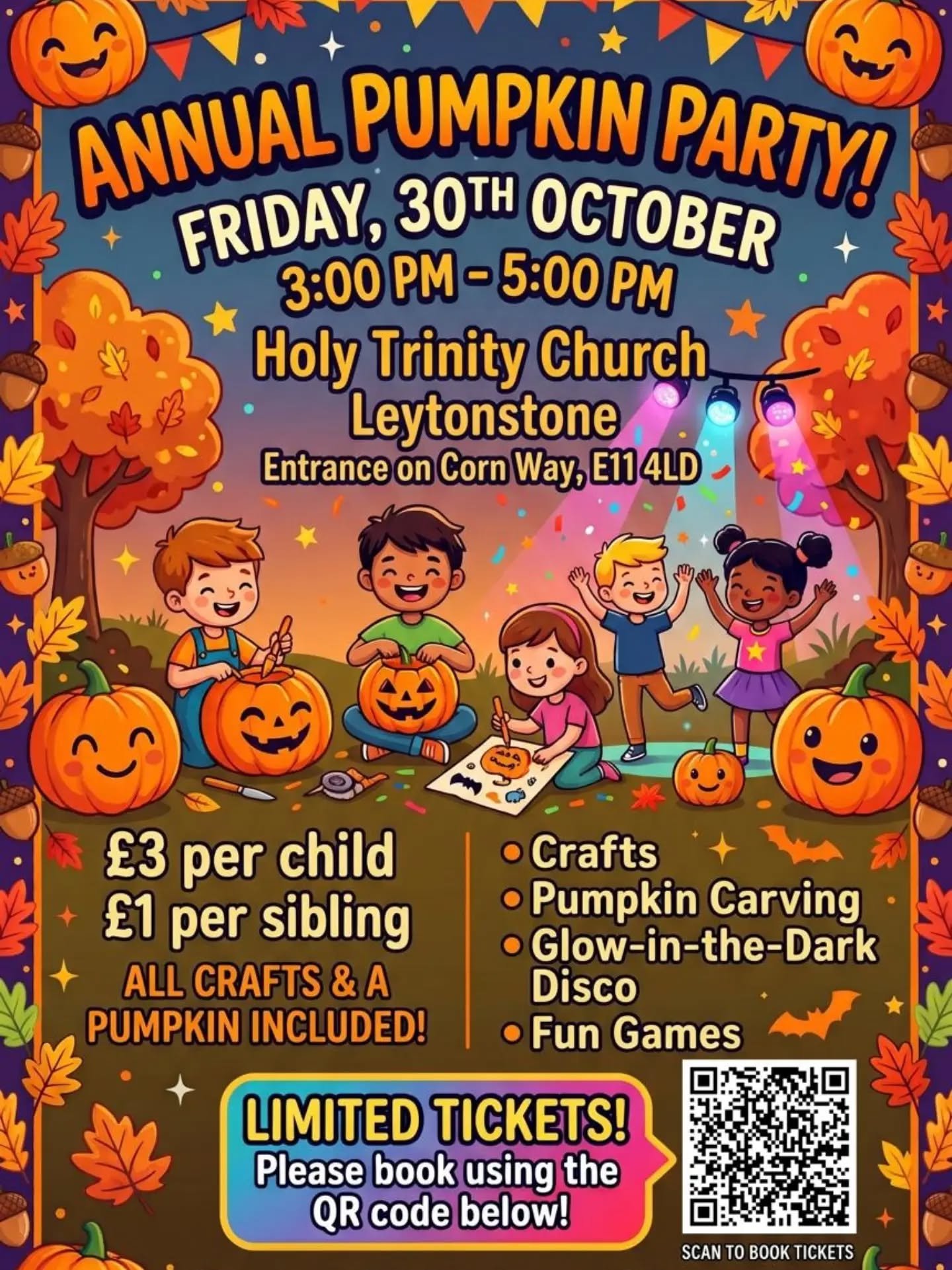 🎃 Annual Pumpkin Party is Back! 🎃
Get ready for an afternoon packed with festive autumn fun! Bring the kids along for crafts, pumpkin carving, games, and a super fun glow-in-the-dark disco! 🪩✨
📅 Date: Friday, 30th October 
⏰ Time: 3:00 PM &ndash;