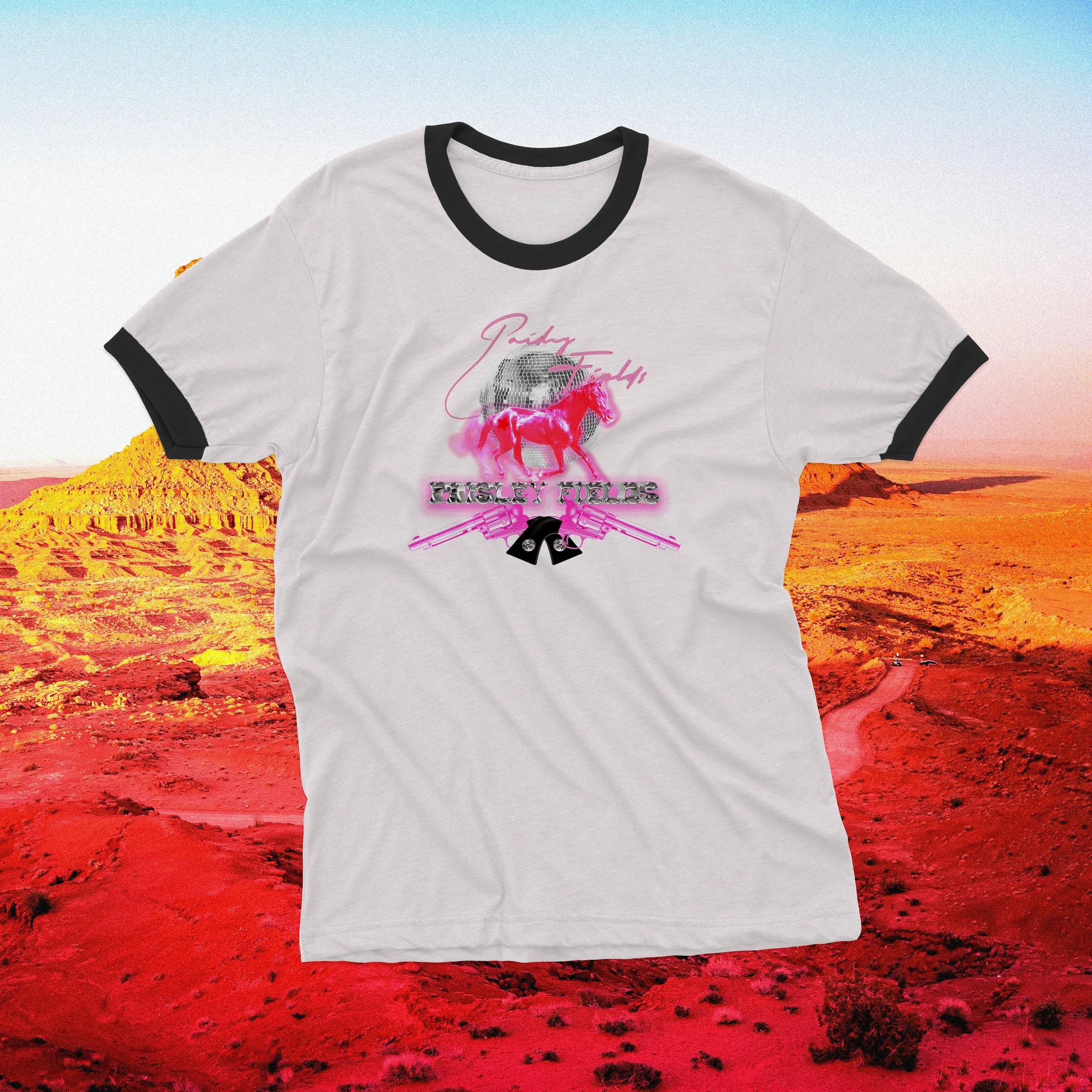 Final Ringer tee mockup design for Paisley Fields tour. 