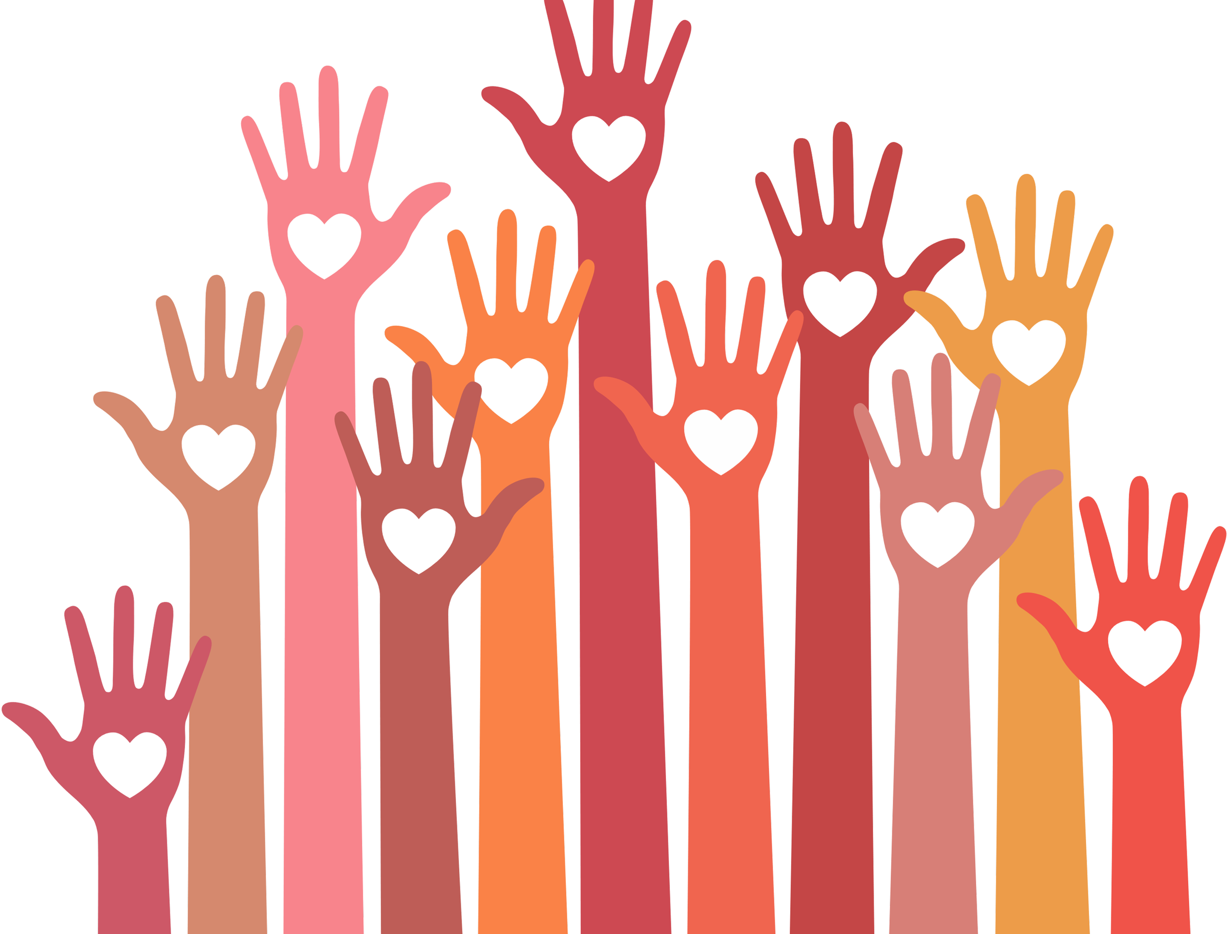 Multiple raised hands in various skin tones, some with heart-shaped cutouts, symbolizing diversity and participation, on a black background.
