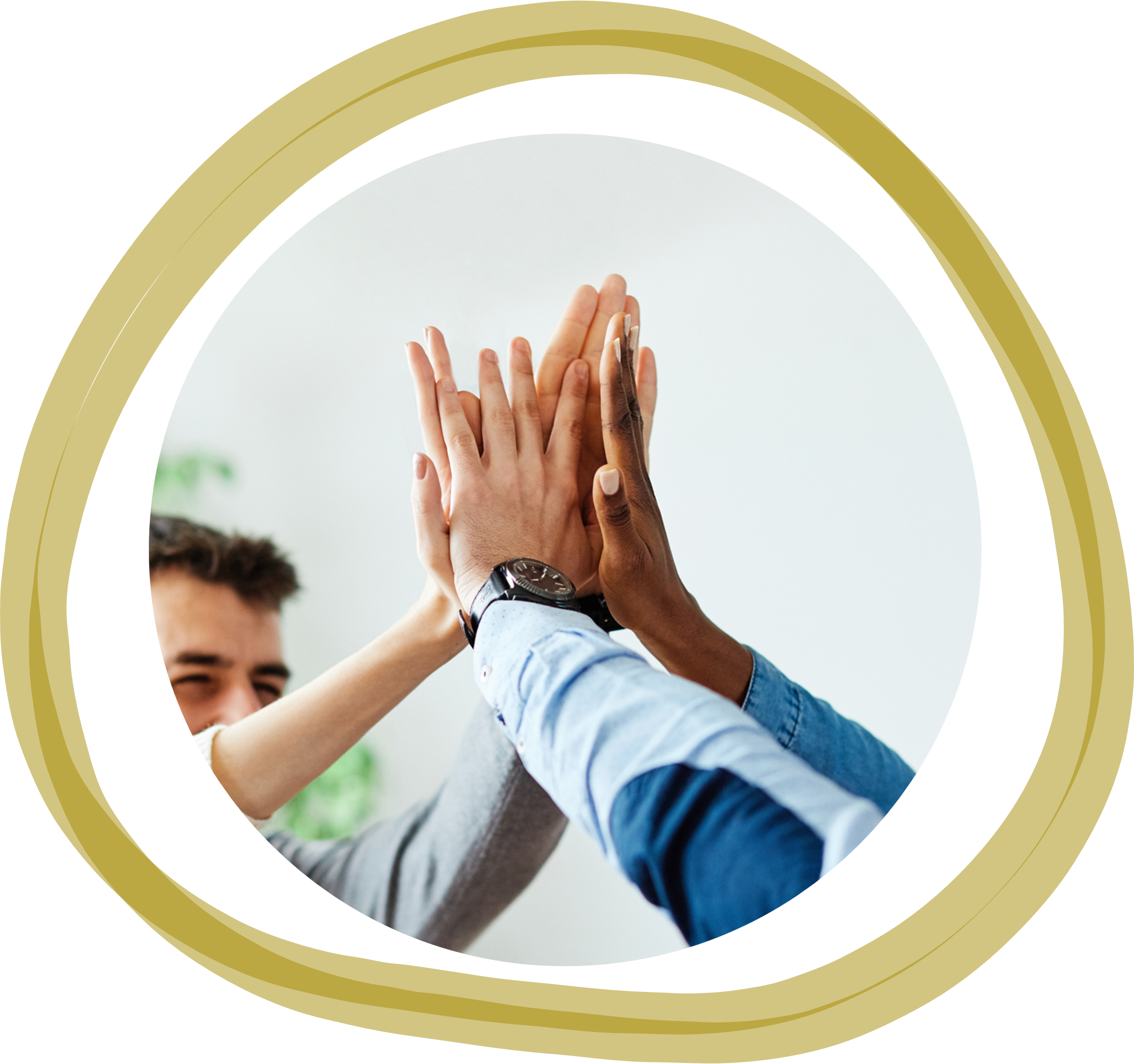 Multiple hands high-fiving against a white background.