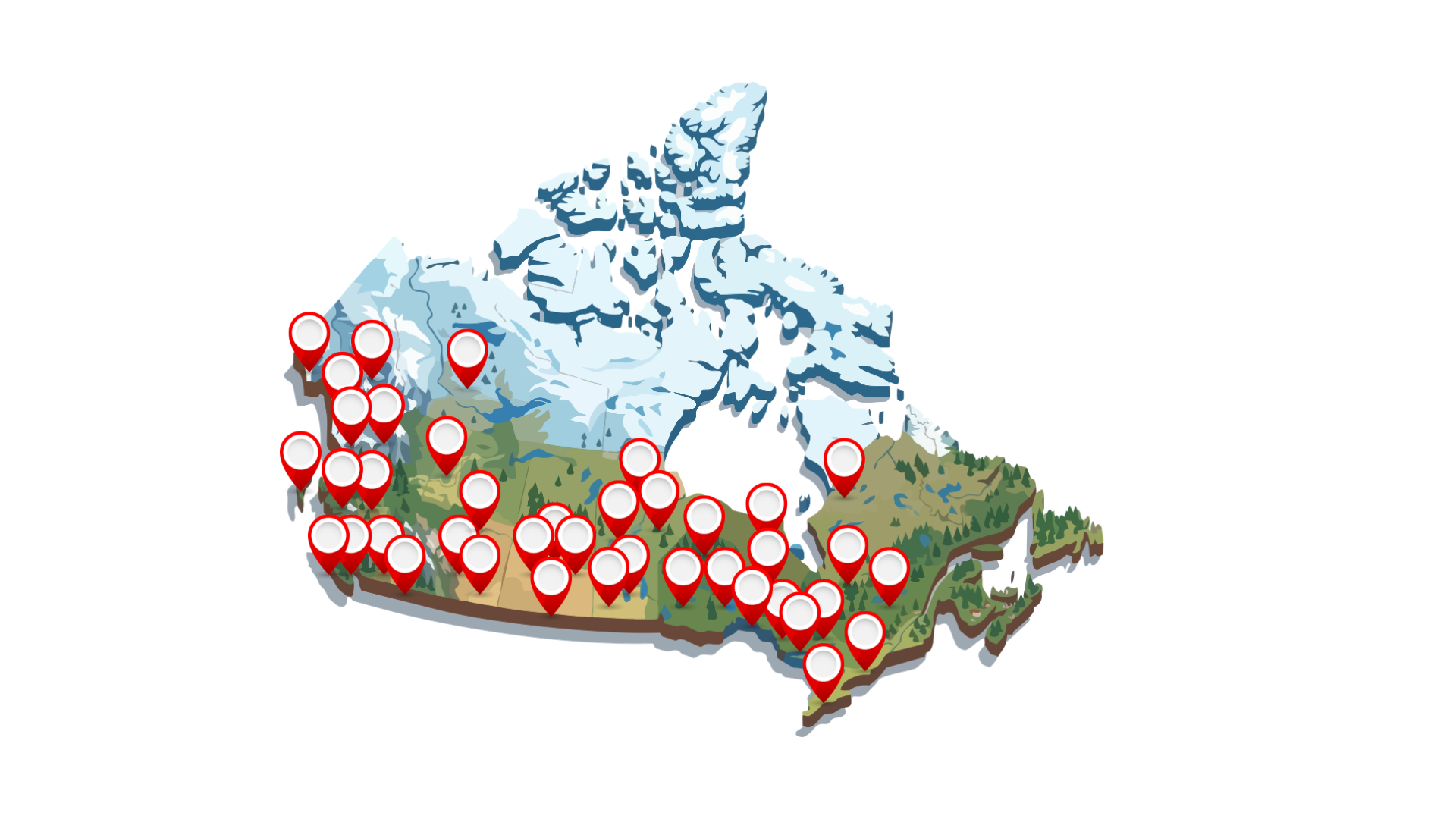 Map of Canada with multiple location markers where First Health Solutions has done training and Lateral Violence to Lateral Kindness workshops