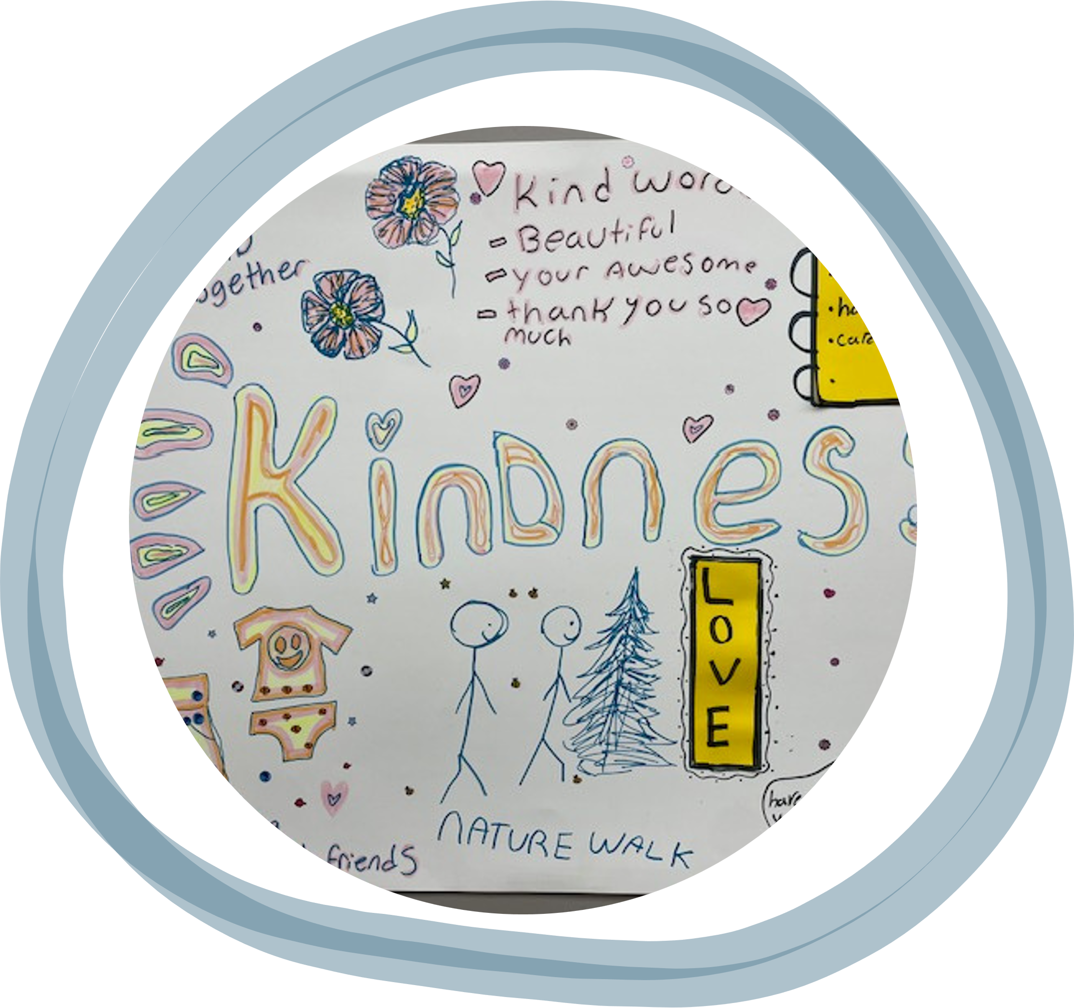 Colorful hand-drawn poster with flowers, hearts, and trees that reads 'Kind words are beautiful, your awesome, thank you so much.' It also has words like 'Love' and 'Nature walk' and a yellow 'LOVE' sticker.