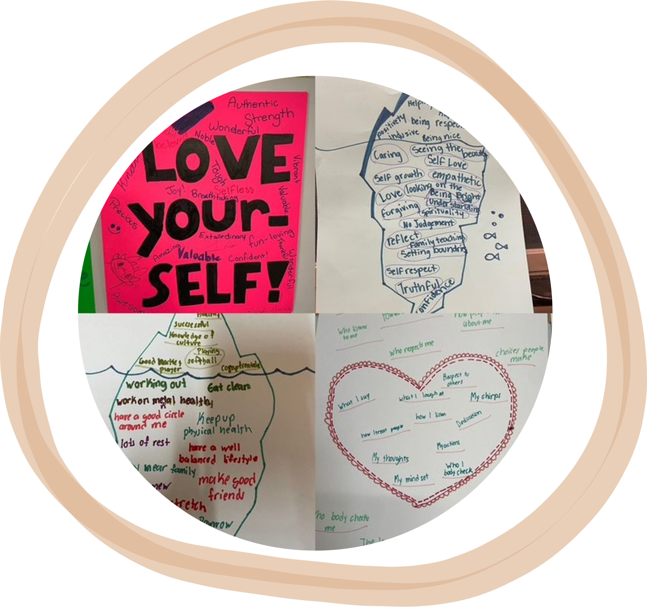 Colorful posters from our Youth Leadership summer camp with positive affirmations and thoughts about self-love, kindness, health, and well-being displayed on a surface.
