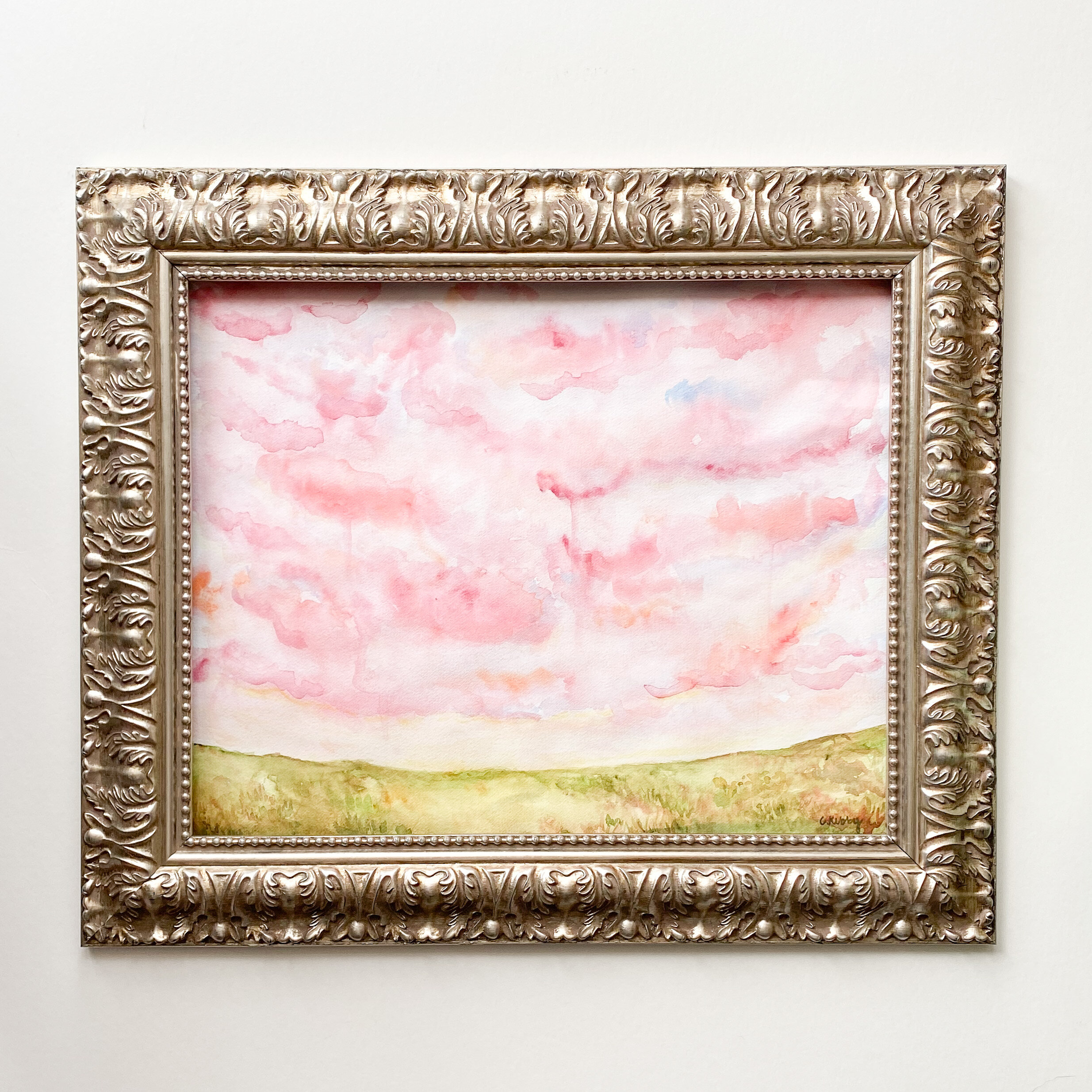 live wedding painter and artist in tulsa oklahoma painted a  beautiful pink sky watercolor landscape