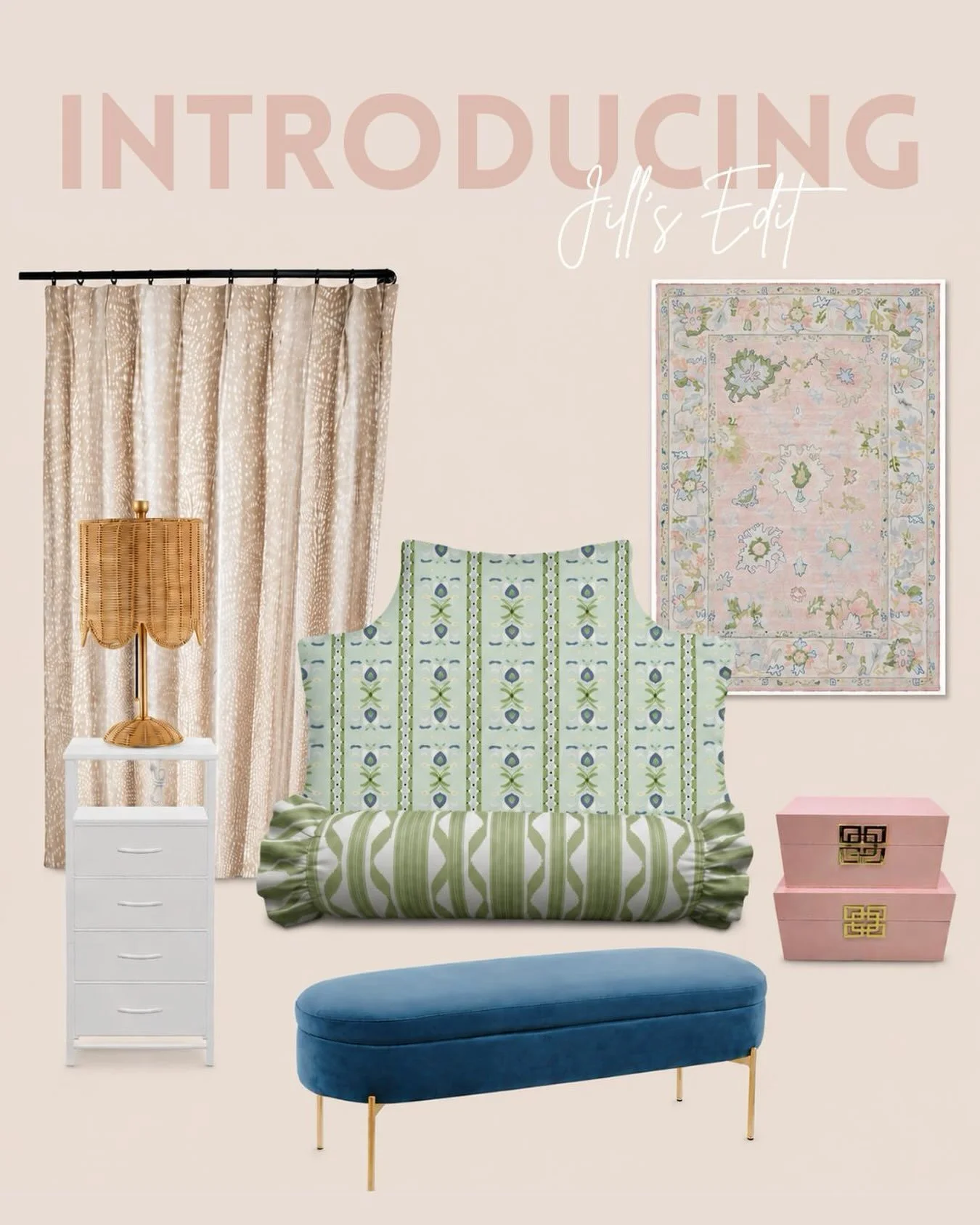 With our Dorm Design event being in 5 days, here is a little sneak peak of Jill&rsquo;s magic✨
In packages 1 and 2, a moodboard similar to this will be given to you based off of the vibe you want for your room!
AND, all 3 packages will include links 