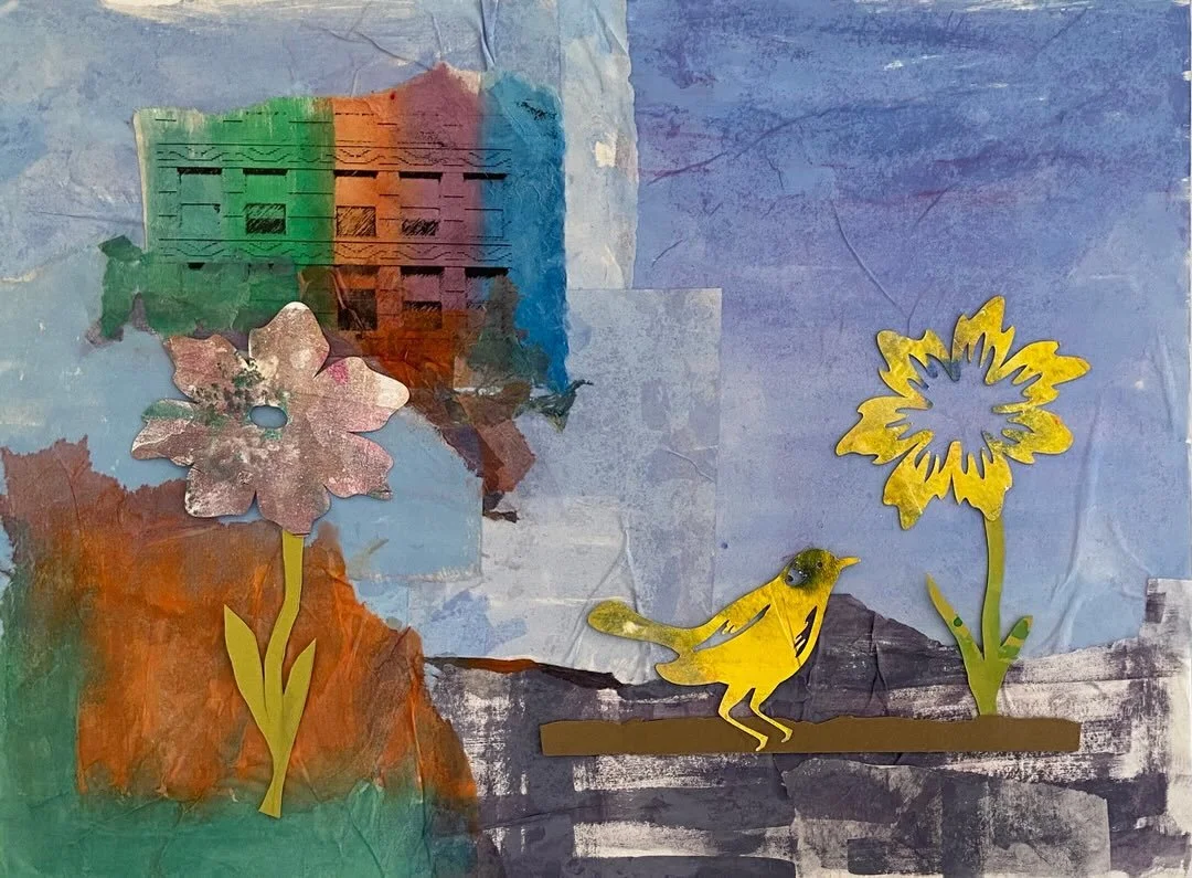 A collage i made a while ago, called One Bird Singing. I was having a depressive moment, feeling like my voice just wasn't strong enough. But i was lifted out of my depression by birdsong, one bird, actually, unseen and anonymous to me, singing beaut