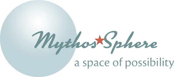 Mythos-Sphere logo turqouise with orange star and blue sphere says "Mythos-Sphere a space of possibility"
