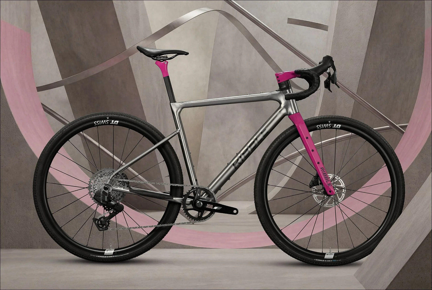 Beige bicycle with pink fork displayed against a modern abstract backdrop with pink circular pattern.