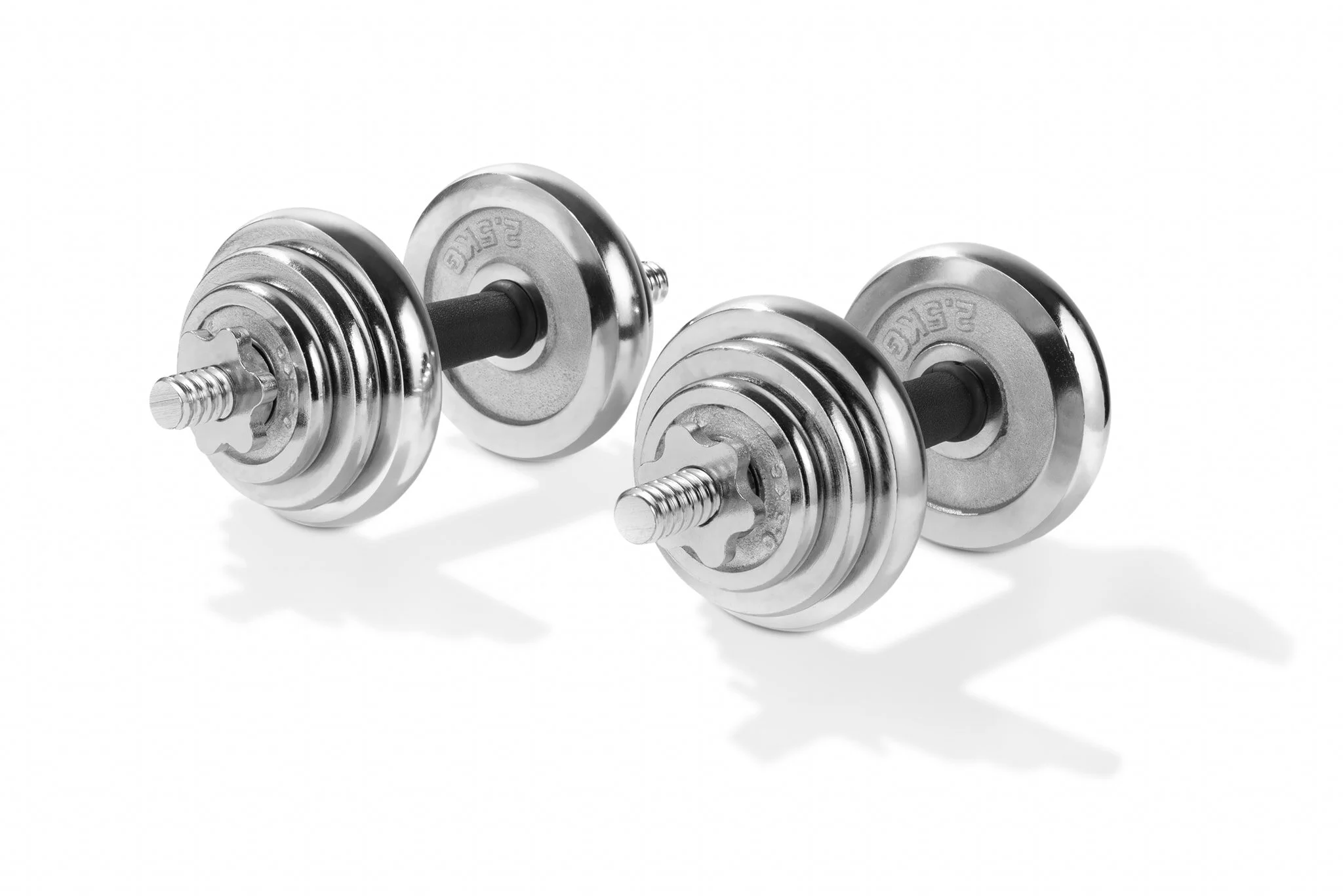 Two adjustable dumbbells with black handles and silver weight plates on a white background.