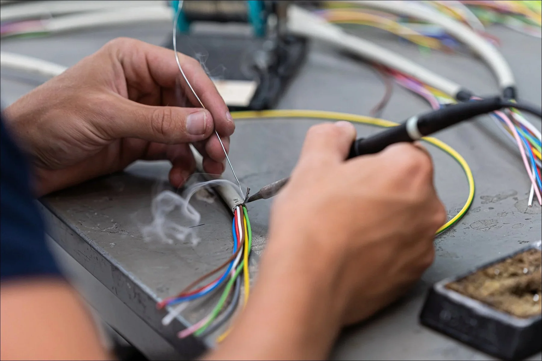 Close-up of hands working on small multi-colored wires at a workstation, using a tool to strip or connect them.