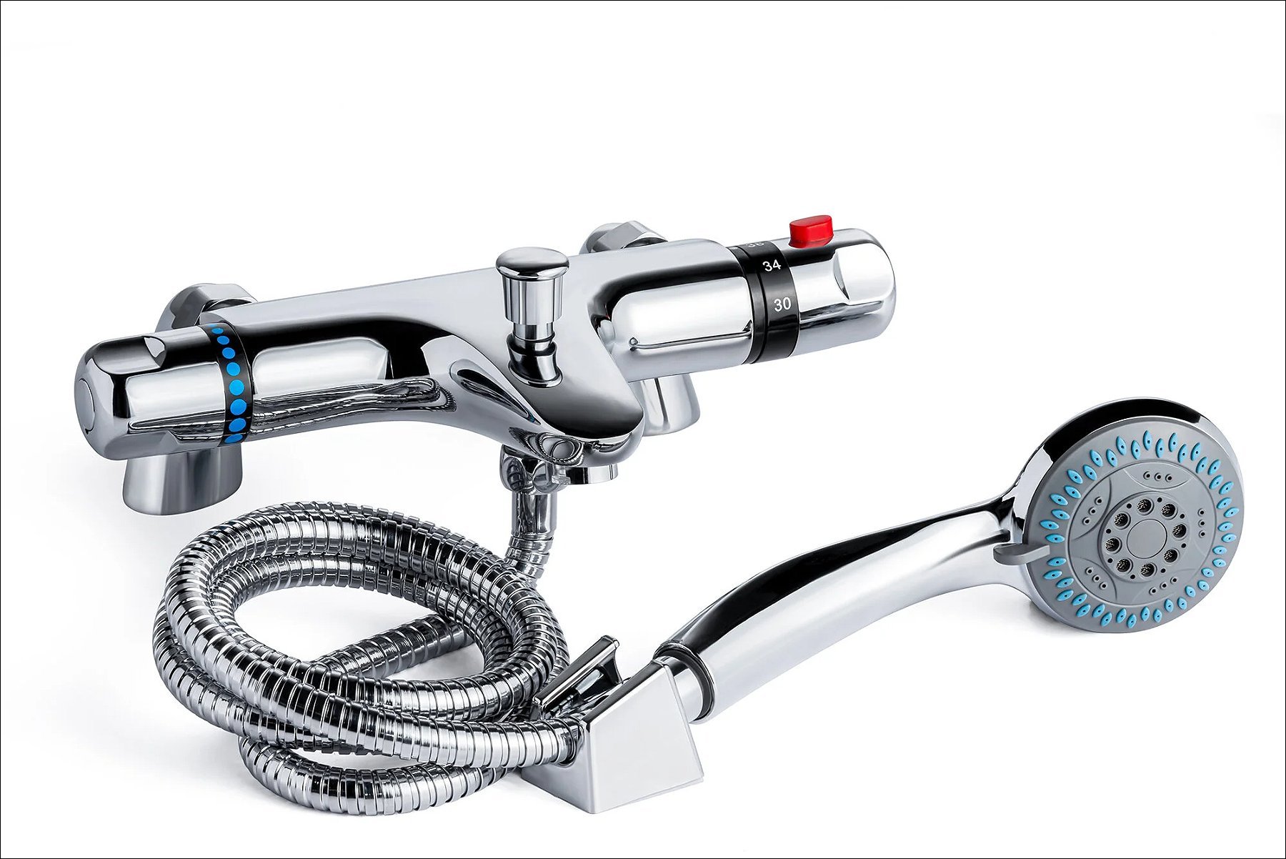 Chrome faucet with attached coiled metal hose and handheld spray head, displayed on a white background.