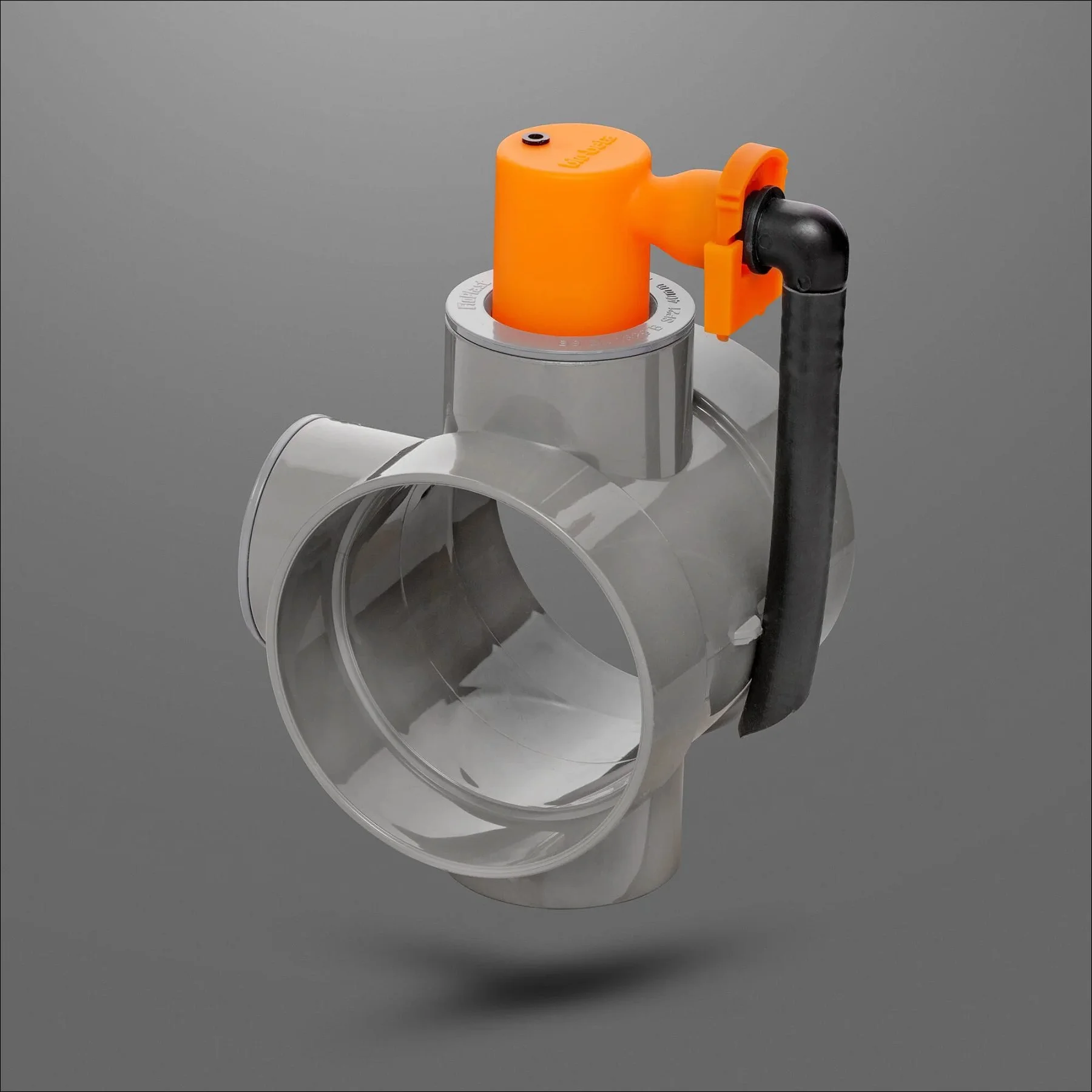 Industrial plastic and metal clamp with an orange cap and black lever on a grey gradient background