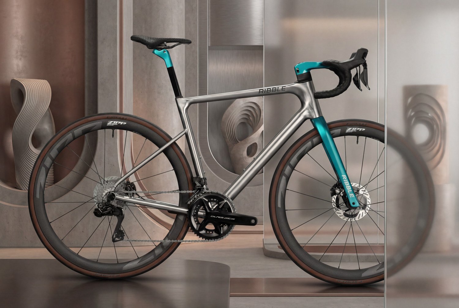 Full profile of a Ribble Allroad with teal accents, displayed in a modern, high-end architectural studio.