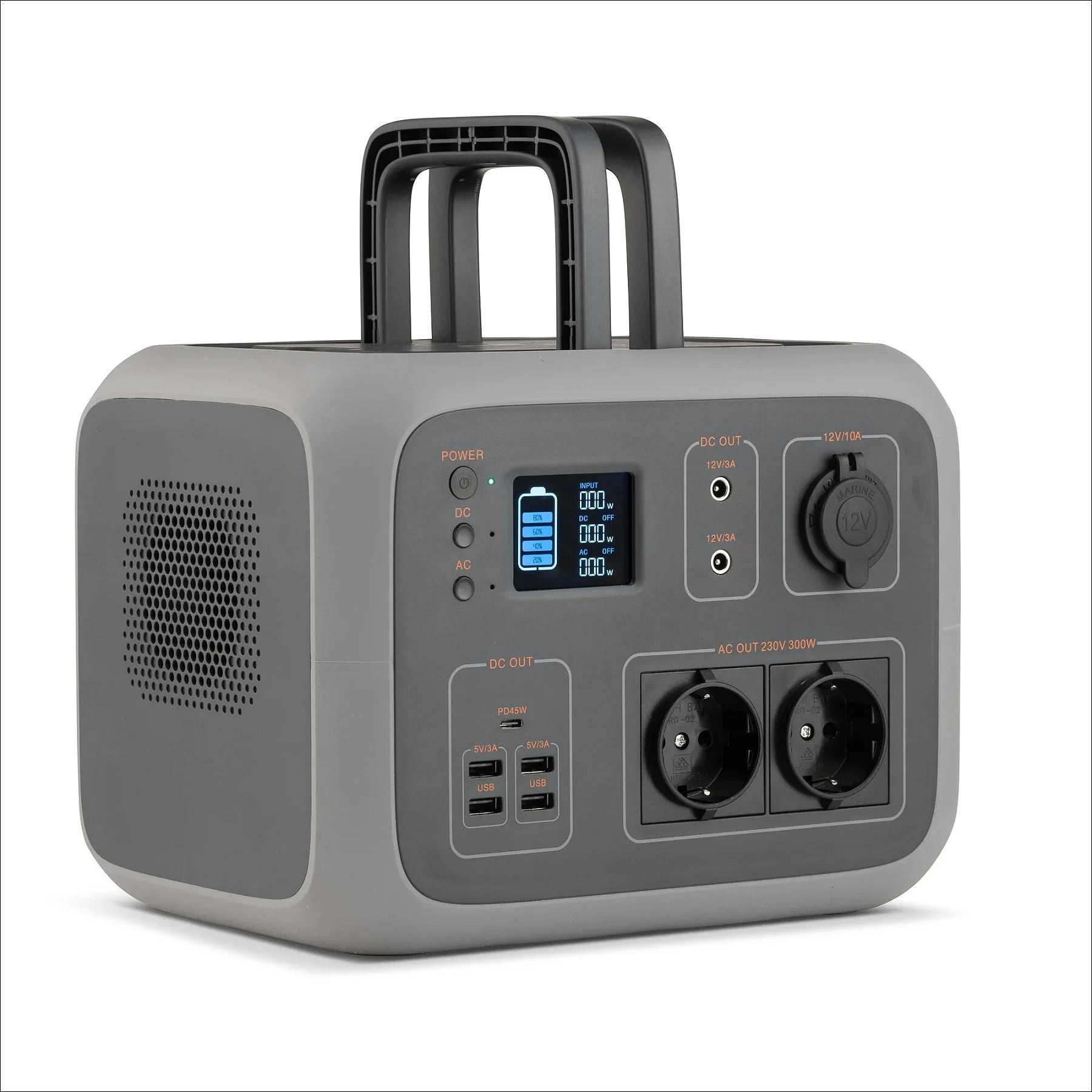 Portable grey power station with handle, digital display, and multiple sockets on a white background
