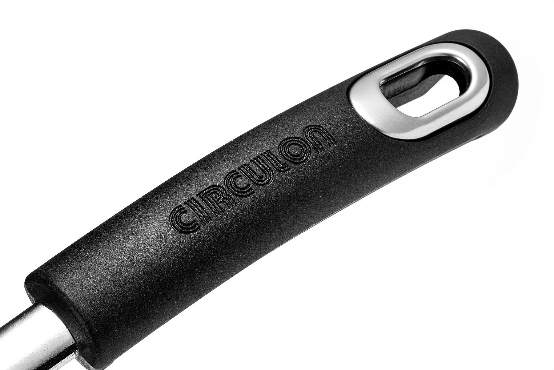 Black ergonomic tool handle with a metal loop at the end, featuring an embossed brand name, displayed on a white background.