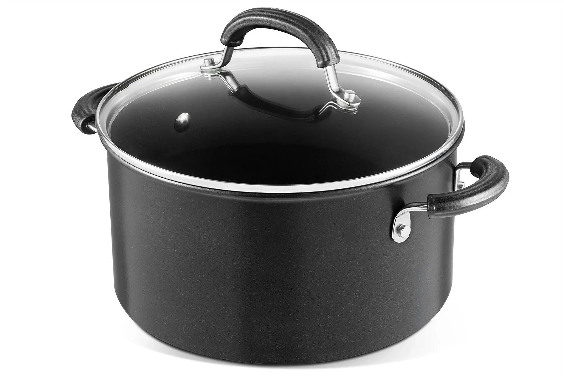 Black cooking pot with two side handles and a glass lid, displayed on a white background.