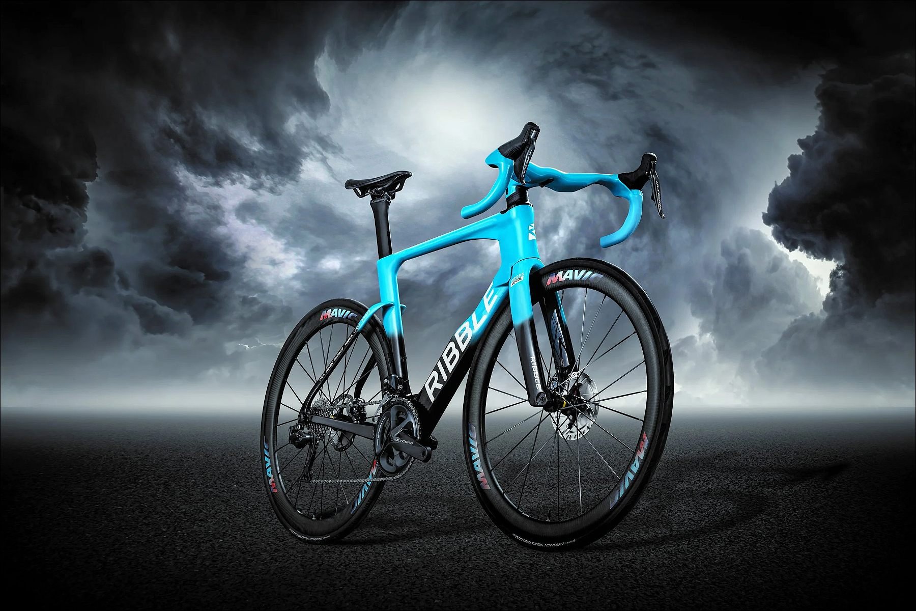 Two matching turquoise bicycles displayed against a dramatic stormy sky digital background.