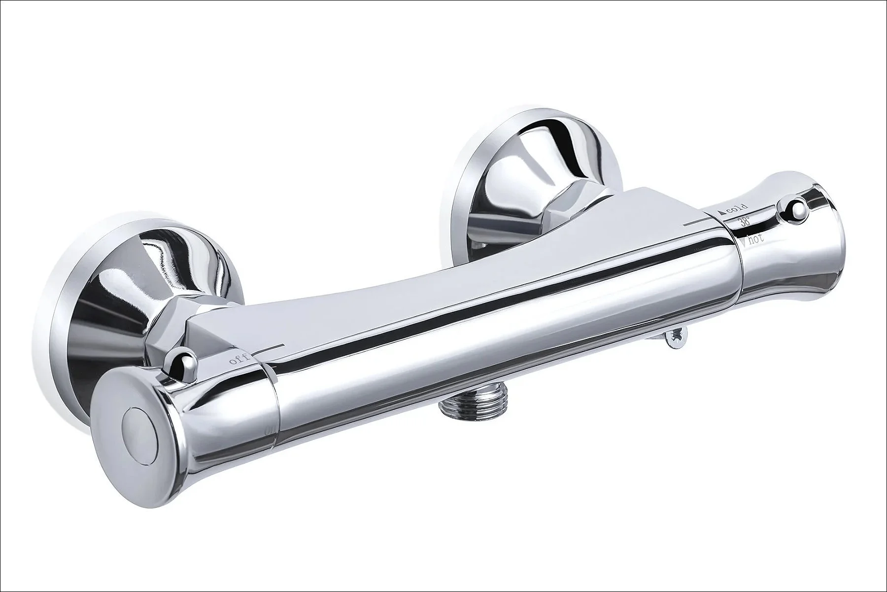 Chrome bar shower mixer valve with wall mounts on a white background