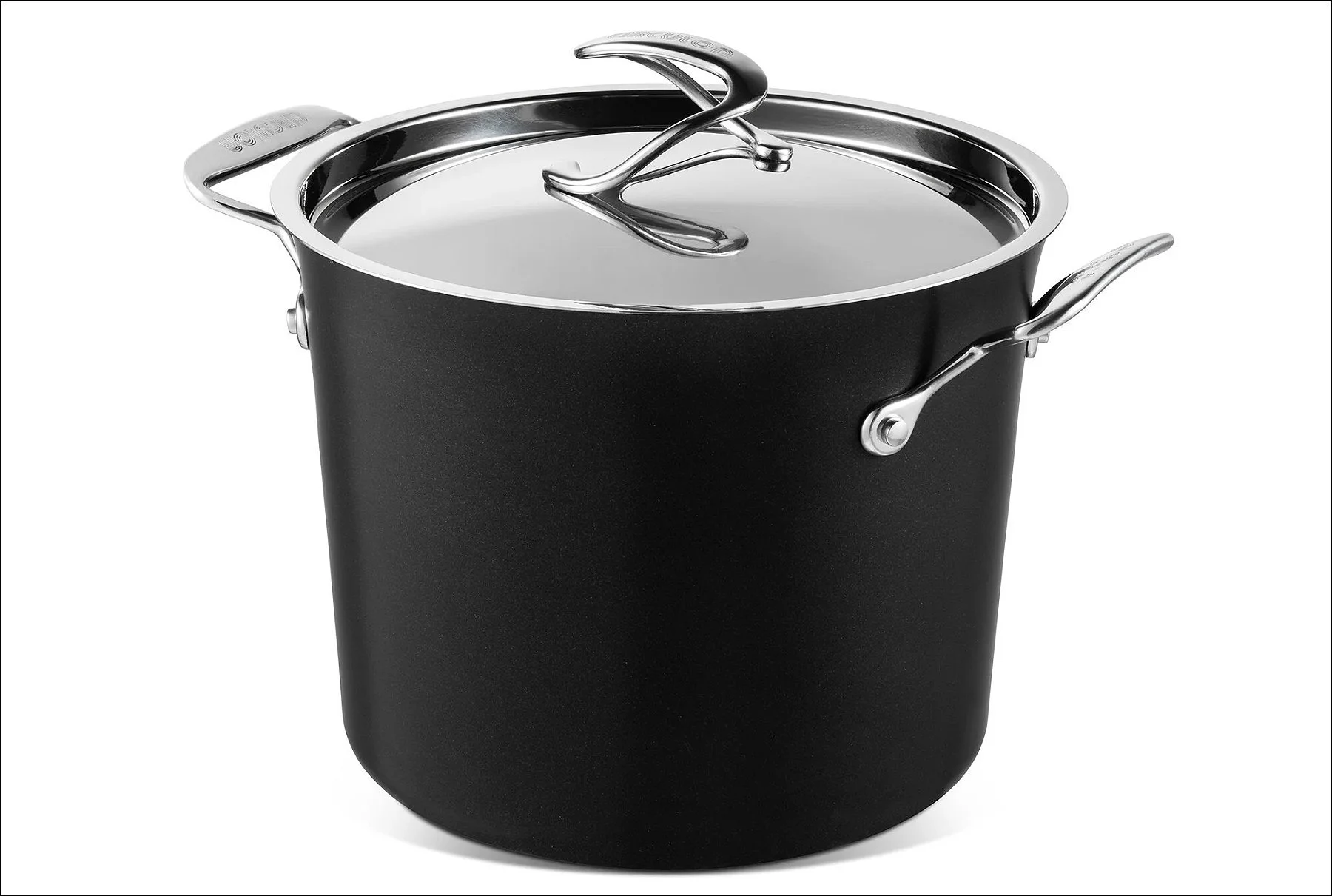 Tall black stock pot with stainless steel handles and lid, displayed on a white background.