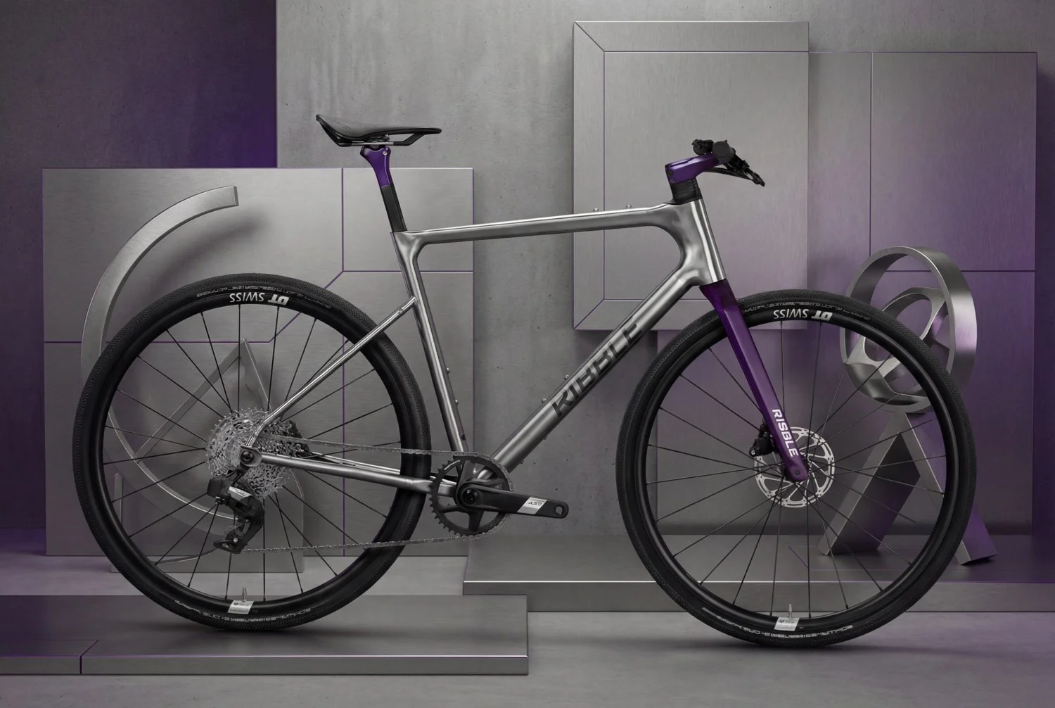Full side profile of the Ribble Allroad in silver and purple, set against a dark purple geometric background.