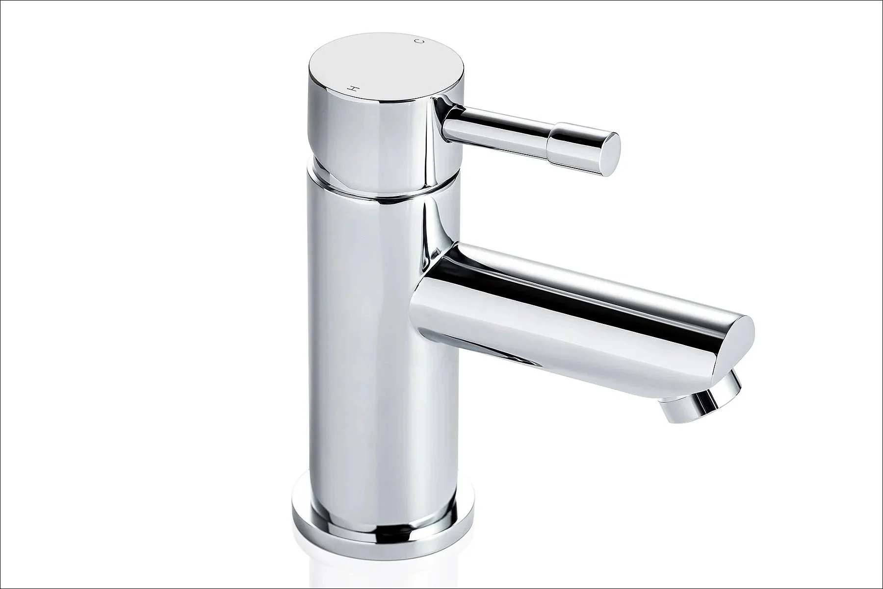 Chrome cylindrical bathroom tap with a side lever handle on a white background