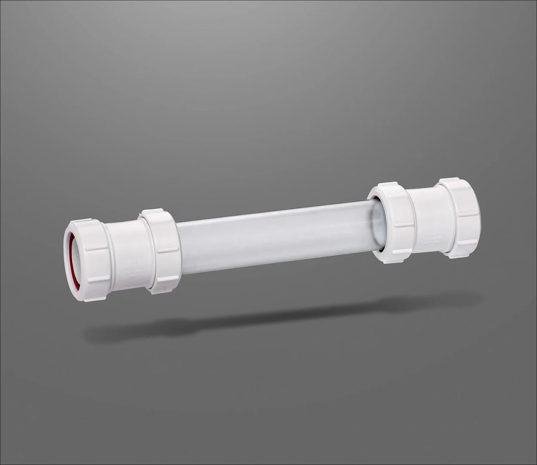 Transparent cylindrical tube with white threaded end fittings displayed against a grey background.