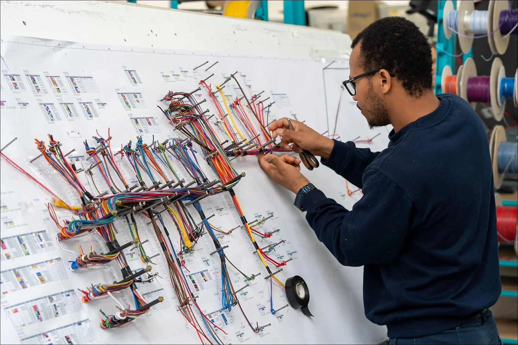 Technician assembling a complex wiring harness on a large board with multiple colored cables and connectors.