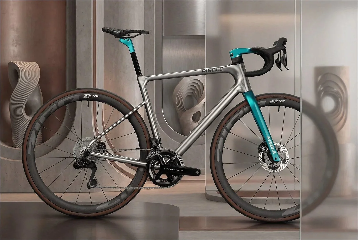 Grey and teal  bike product photograph displayed against a modern beige studio backdrop with sculptural elements.