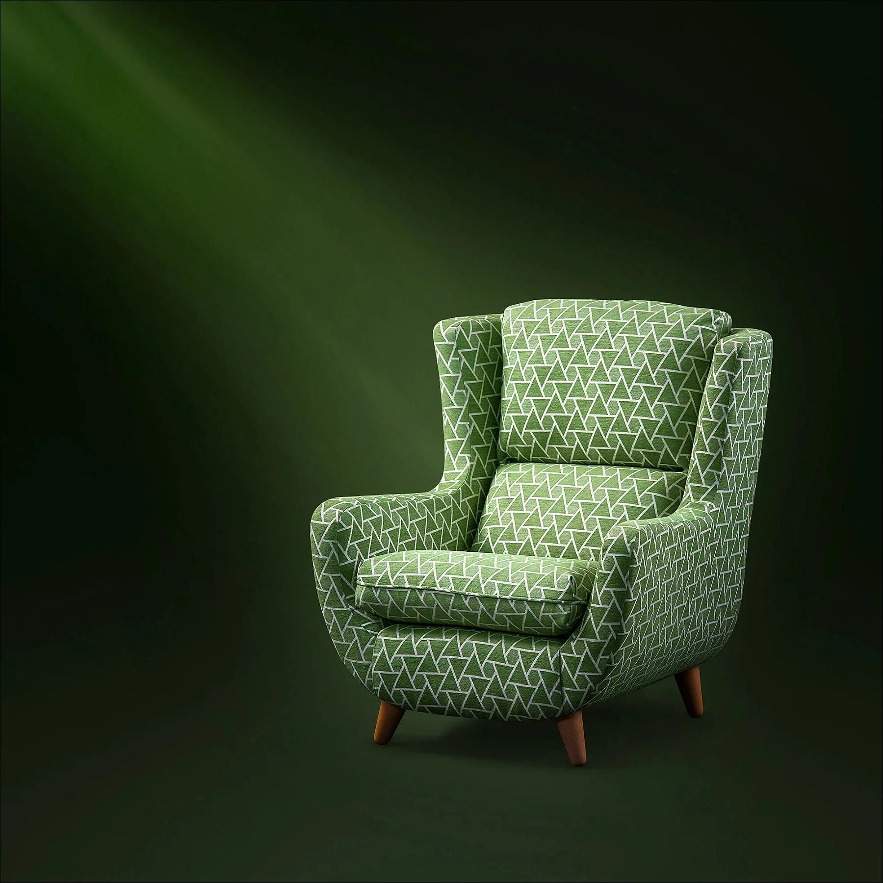 Green patterned armchair displayed on a dark gradient background with dramatic lighting
