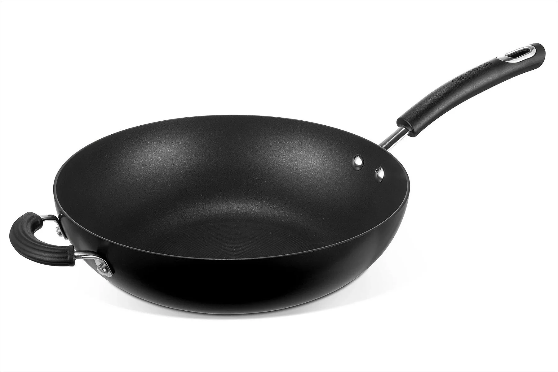 Black nonstick wok with a long handle and a small loop handle, displayed on a white background.