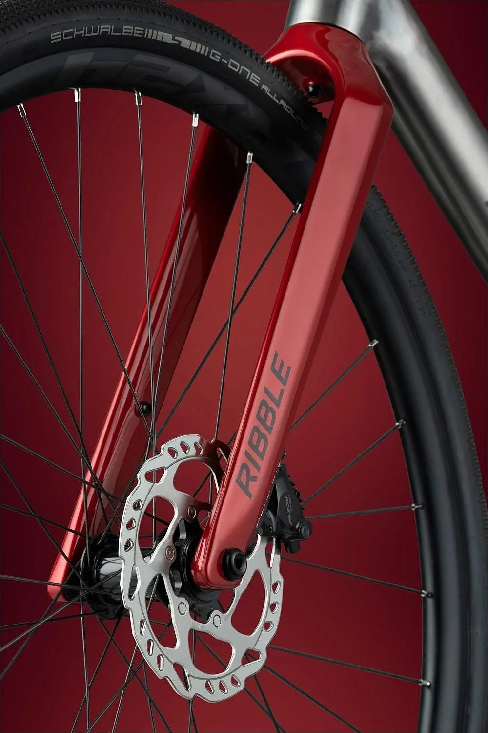 Close-up of a red bicycle front fork and disc brake rotor against a red background.