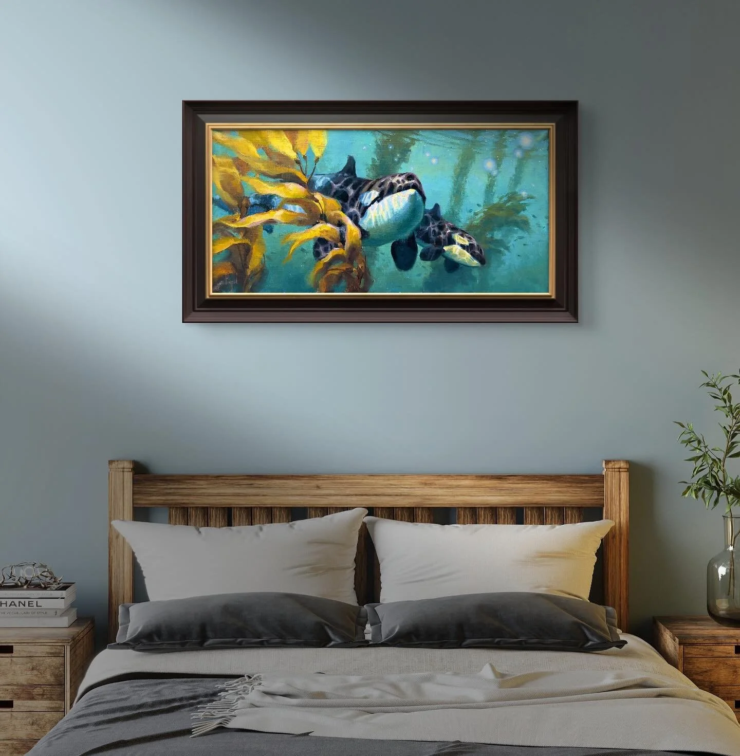 &ldquo;Free in the Forest&rdquo; 15x30 oil on linen

BRAND NEW original available at @colegallery! 

Drawn from my own underwater photographs, this painting captures a quiet moment suspended in the kelp forest. A mother and baby Orca glide effortless