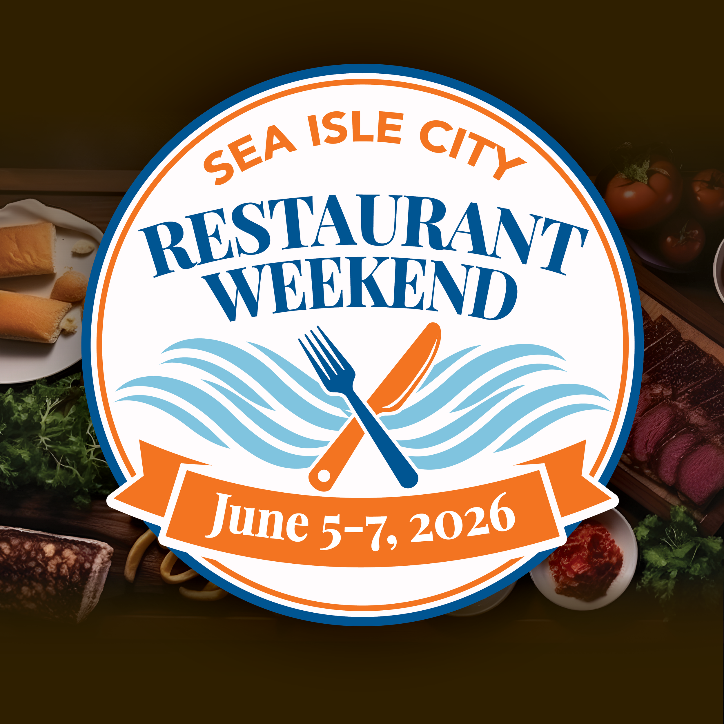 Logo for Sea Isle City Restaurant Weekend, June 5-7, 2026, featuring a fork and knife crossed on waves with a banner.