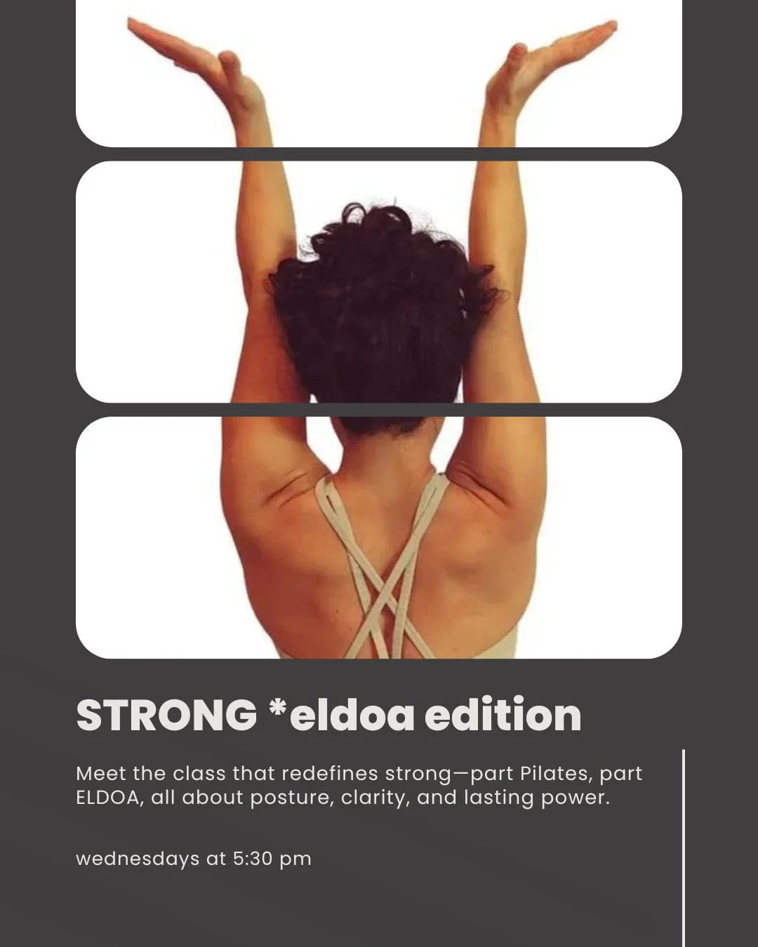I&rsquo;ve been wanting to bring this to our space for a while&mdash;⁠
a class that&rsquo;s not just about building strength, but about making space.⁠
⁠
STRONG (ELDOA Edition) blends the precision of Pilates with the decompressive magic of ELDOA. It&