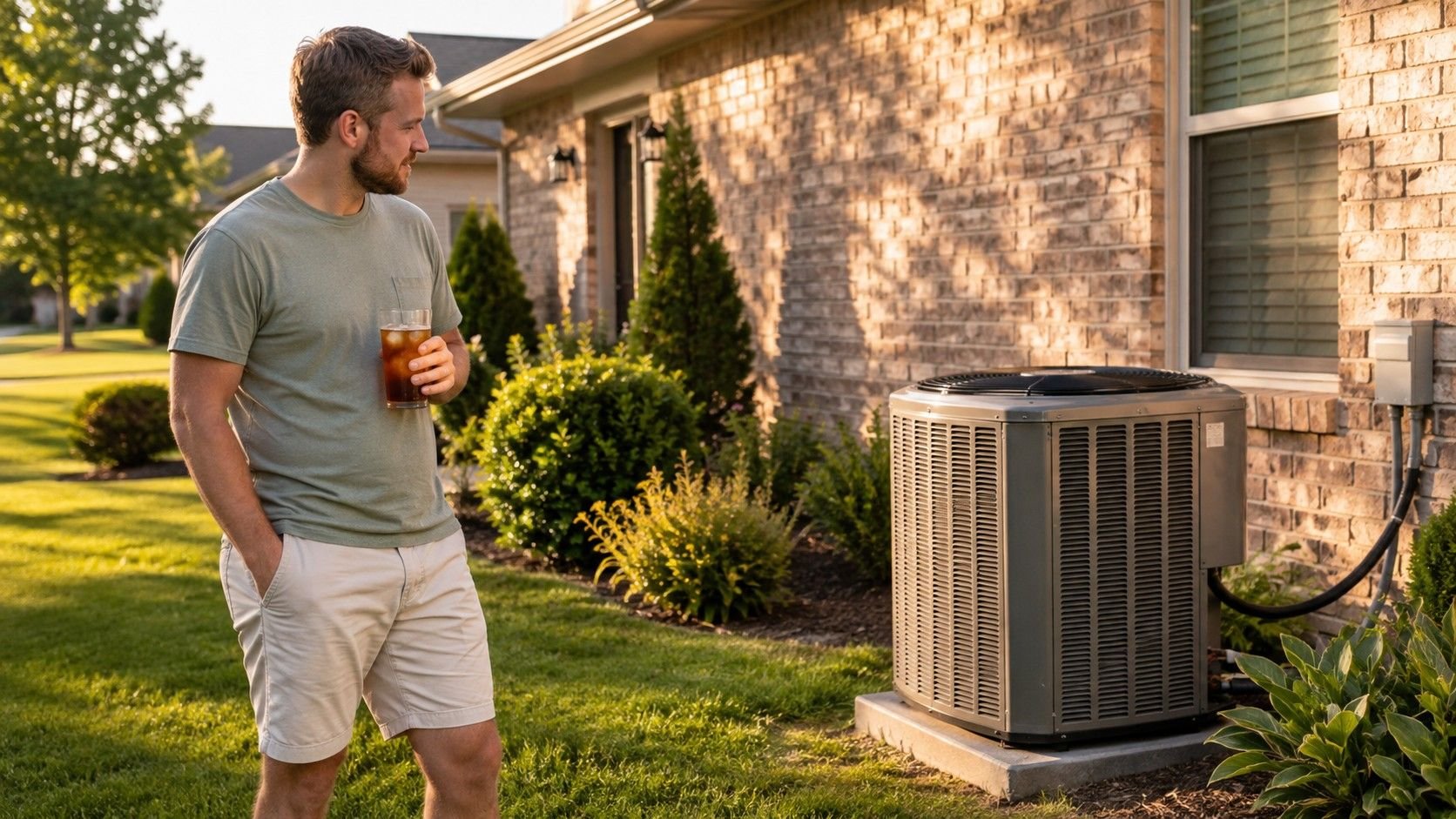 man with iced tea looks at his outdoor AC condenser