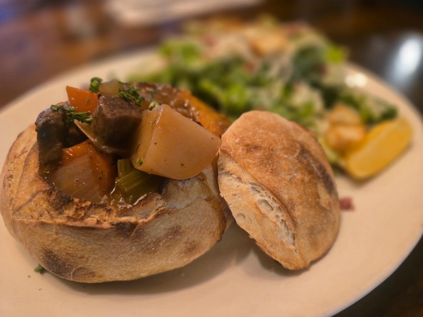 For this Chilly Day! We bring you a Hearty Beef Stew in a Sourdough Bread Bowl!  Served with Caesar salad. 

Available 11-2 pm or while supplies lasts.