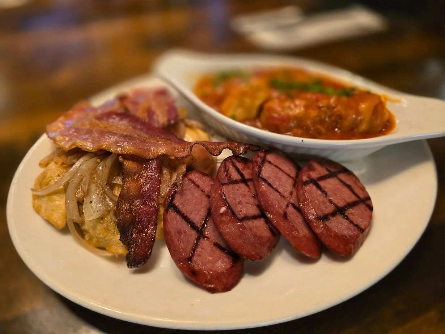 Ukrainian Platter with Perogies, onions and Bacon, Cabbage Rolls and Garlic Sausages. 

Available 11-2 pm or while supplies lasts.