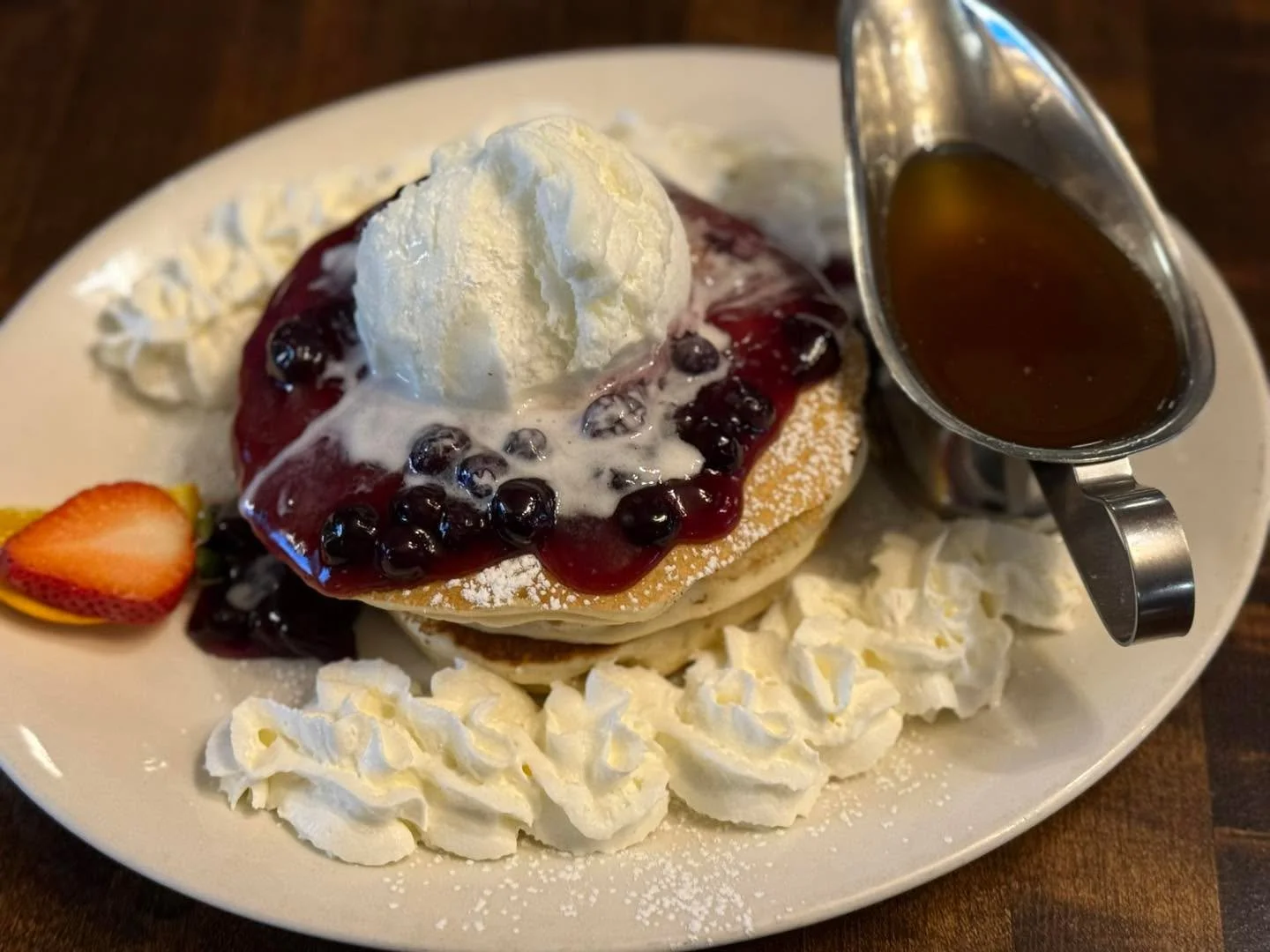 Along with our $18 Steak and Eggs.  We have our Blueberry Pie Pancakes! 

Featured mimosa is our Wildberry Glitter mimosa! 

Available 11-2 pm.
