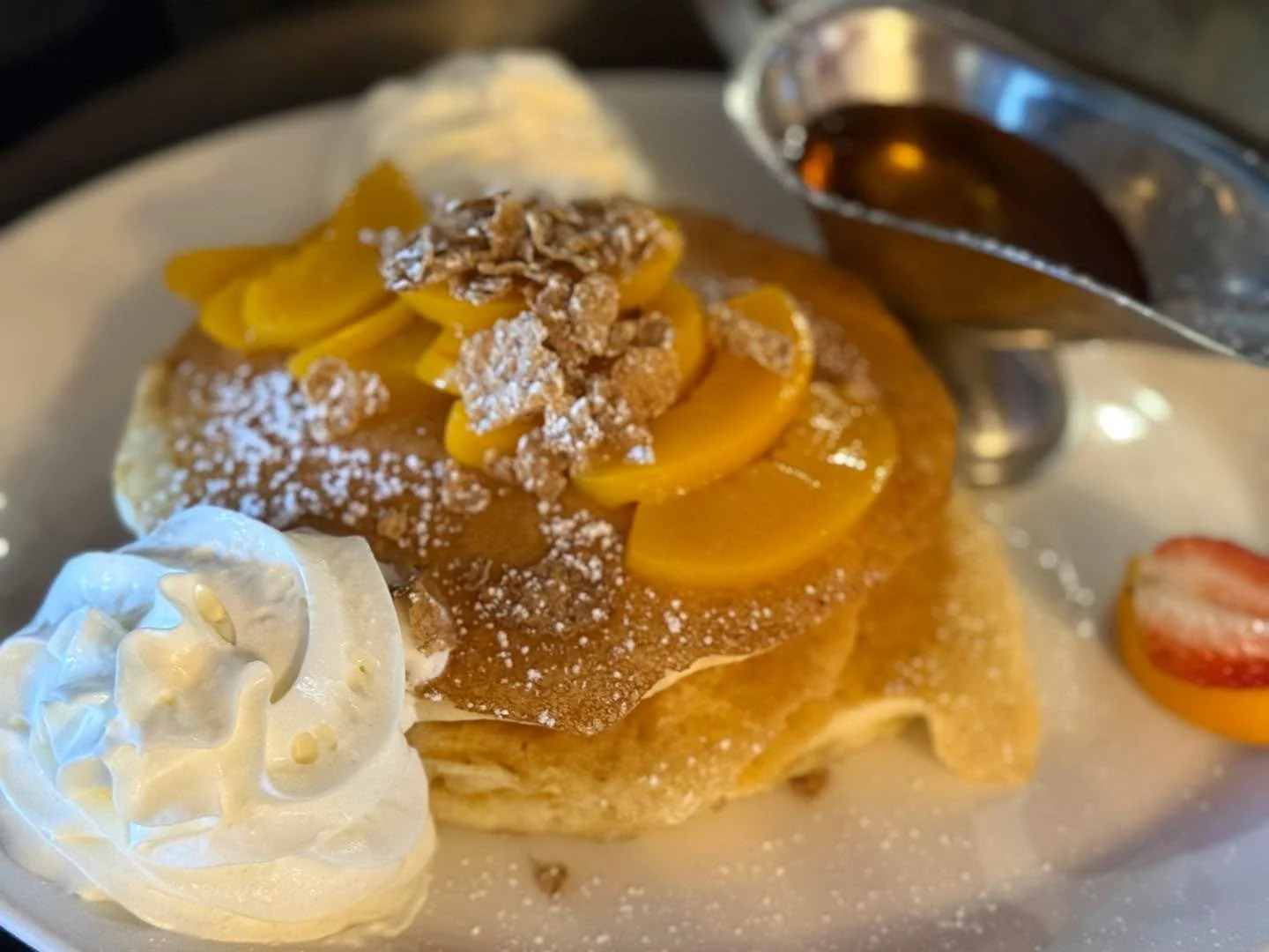 Peaches and cream pancakes!  Brunch Feature today and Tomorrow!!!
