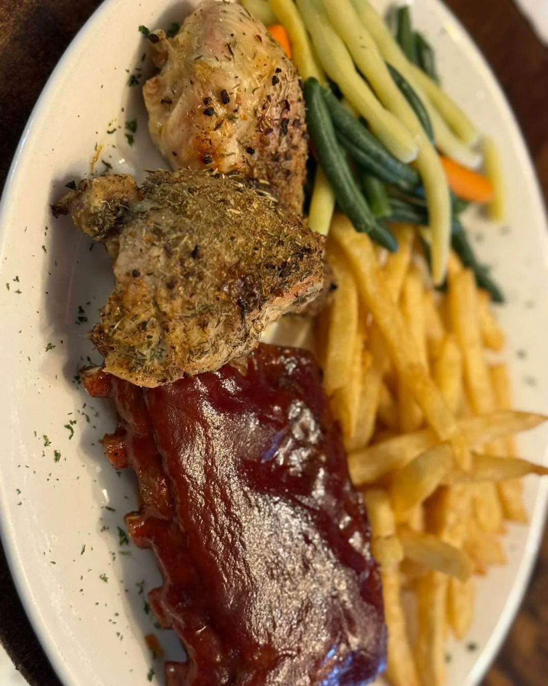 Herb.Roasted chicken and BBQ Rib combo!  This lunch will satisfy all your cravings!