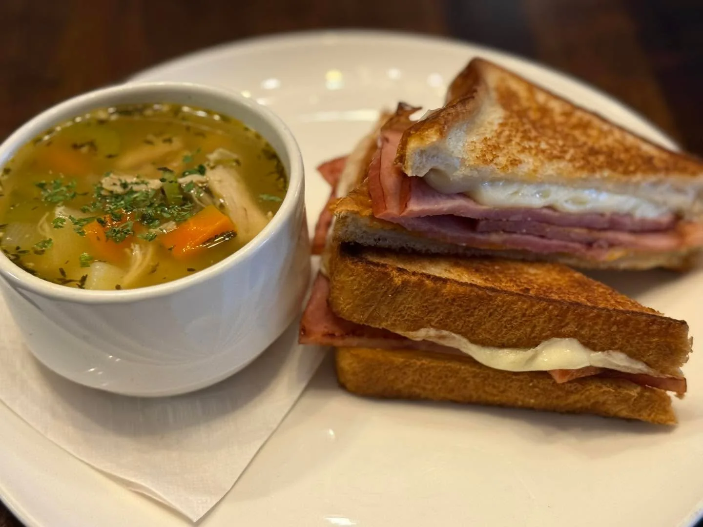 Hearty Chicken Noodle soup with our Three-Cheese grilled Ham and Cheese!