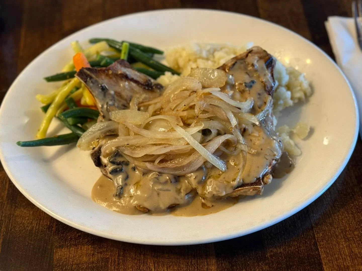 Charbroiled Pork Chops with Mushroom onion gravy! 

Join us for lunch!  Fast, Friendly service.