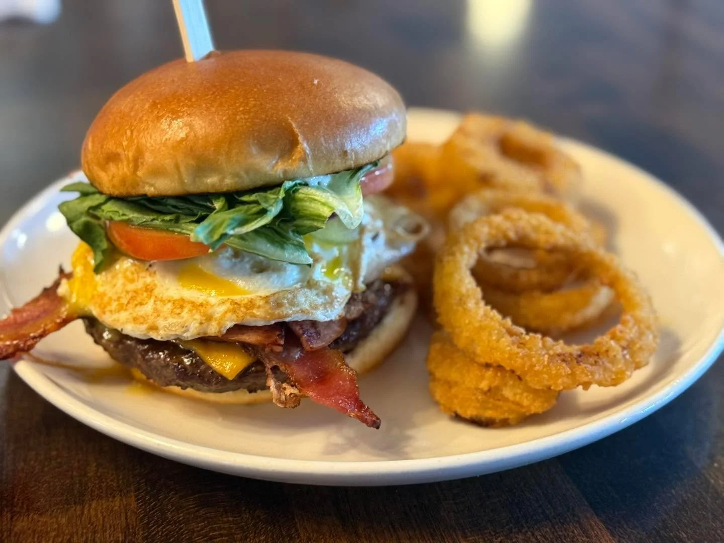 Coyote&rsquo;s Ultimate Buffalo Burger! 
Featured on our Lunch hours 11-2 pm today! 

6 oz pure Buffalo patty (no fillers)  crispy bacon, fried Egg, Slab of Ham and Cheese with our Special BBQ sauce and all the fixings. 

Served with our panko coated