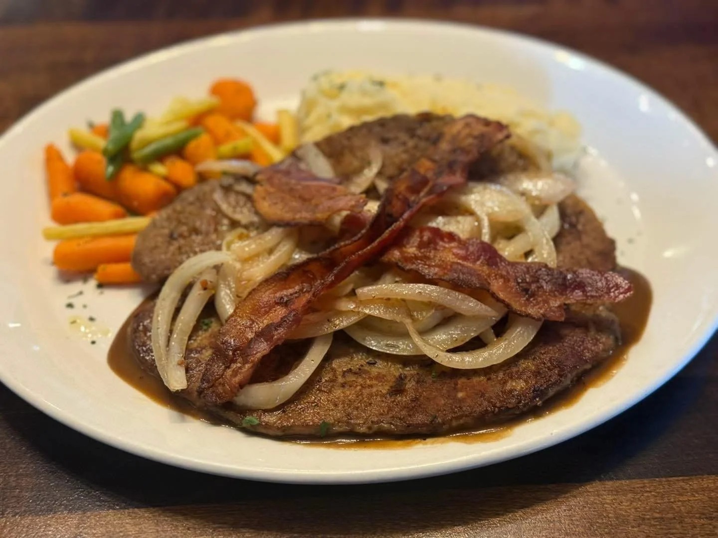 Classic Liver, Bacon and Onions with Mashed Potatoes.  Featured for Lunch today!