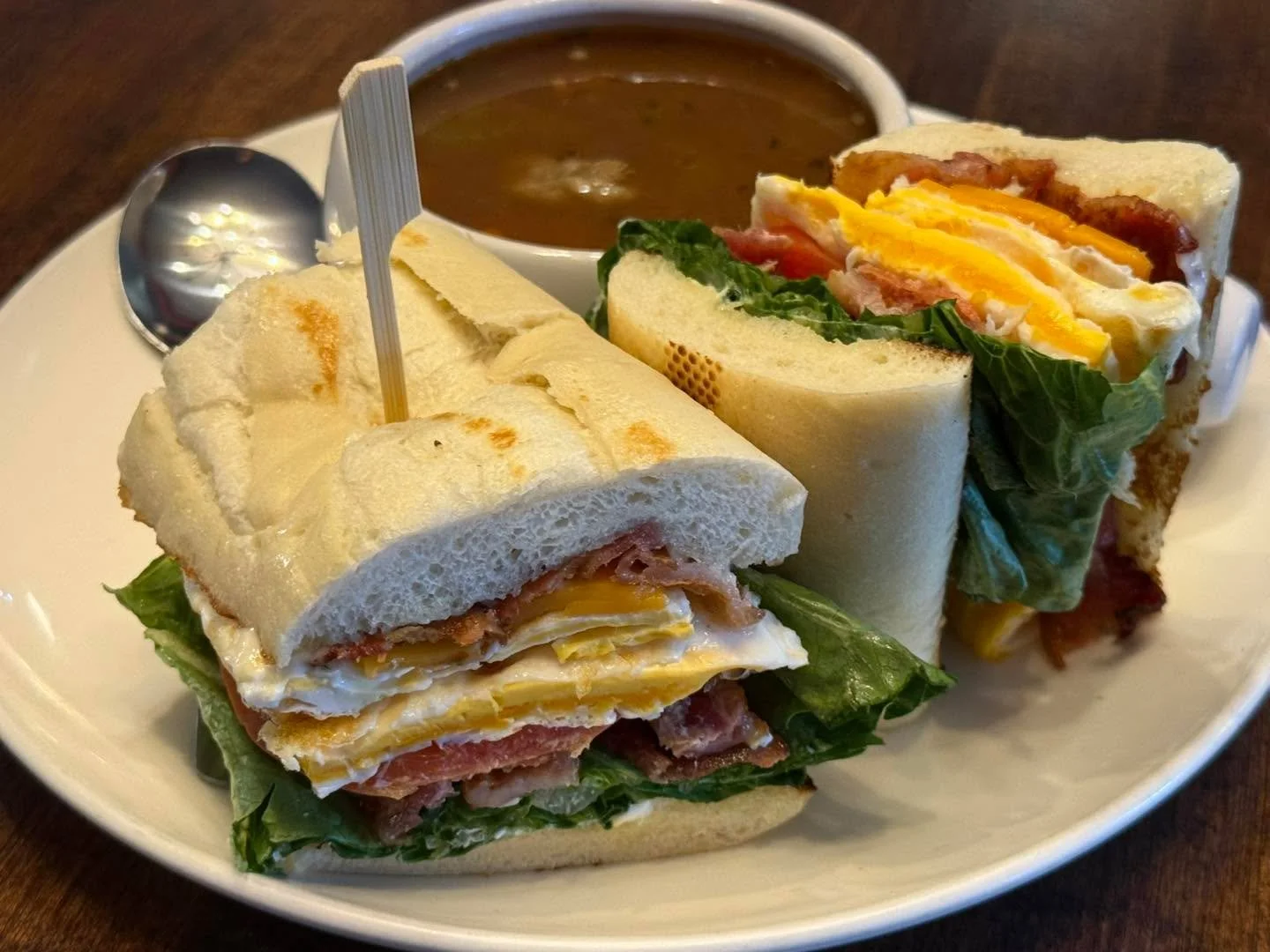 A hearty bowl of our Beef Barley soup with a Toasted B.E.L.T on a Parisienne Baguette! 

This is on our agenda for Lunch today! 

Come get some!!
