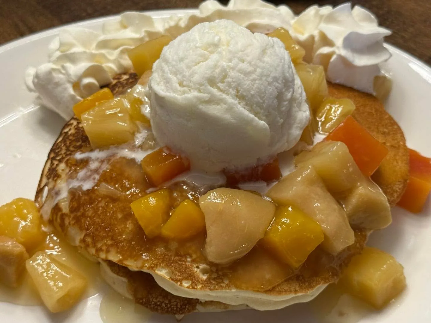 Assorted Fruit Stuffed Pancake!  Accompanies our $18 Steak and Eggs for this fine Brunch Afternoon!